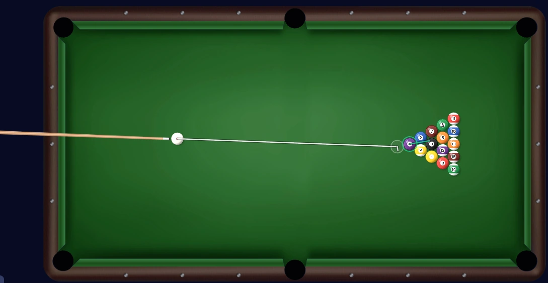 8 Ball gameplay with the aiming line visible.