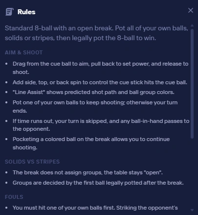 Duel’s 8 Ball controls and open-table rules.