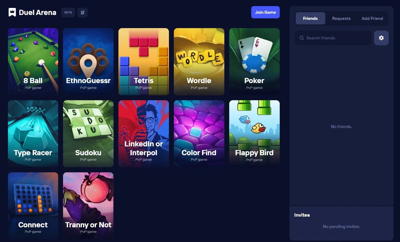 Duel Arena’s early-beta lobby: 12 game tiles and a friends sidebar.