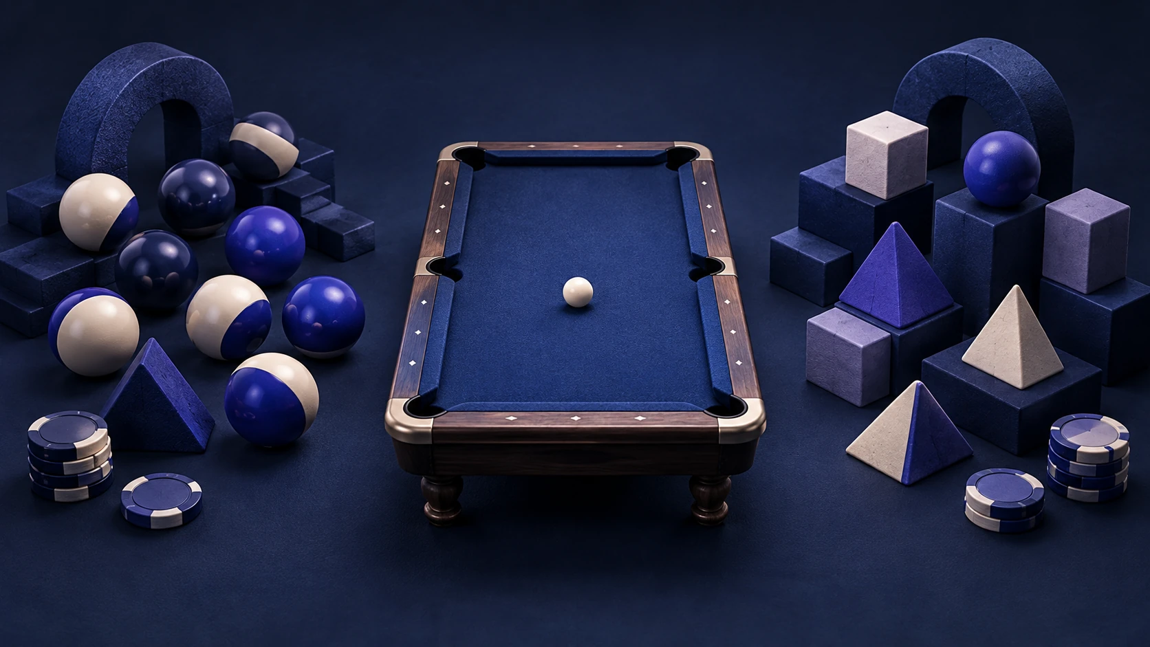 Billardkugeln und Spielfiguren für ein Duell aufgestellt