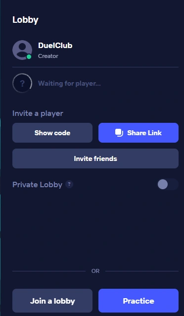 The lobby offers codes, share links, friend invites, a private toggle and practice.