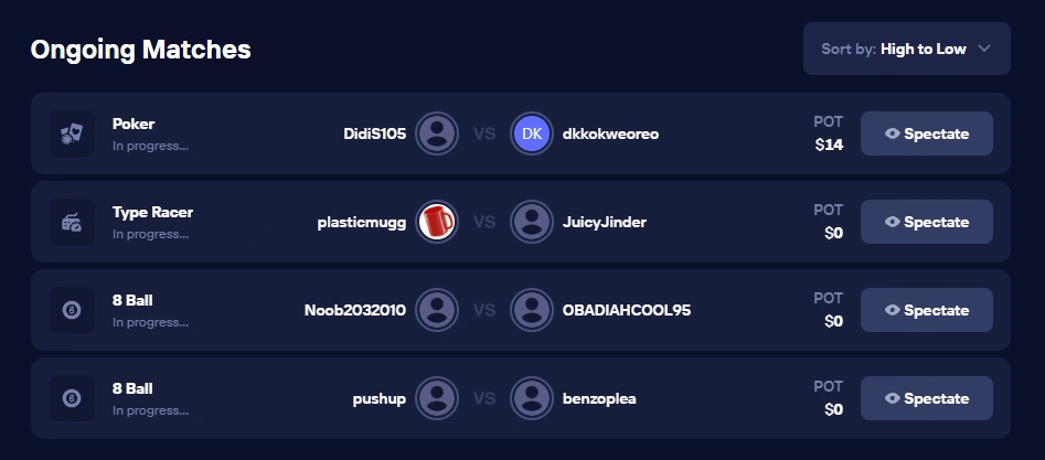 Ongoing matches with pot values and spectator buttons.